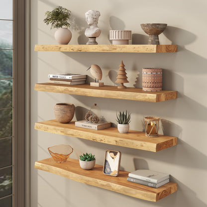 fuqing Live Edge Floating Shelves for Wall 30 inch, 8 Inch Deep Solid Elm Wood Floating Wall Shelves - Rustic Wooden Shelves with Invisible Brackets for Living Room Bedroom Kitchen, 2 Pack, Natural