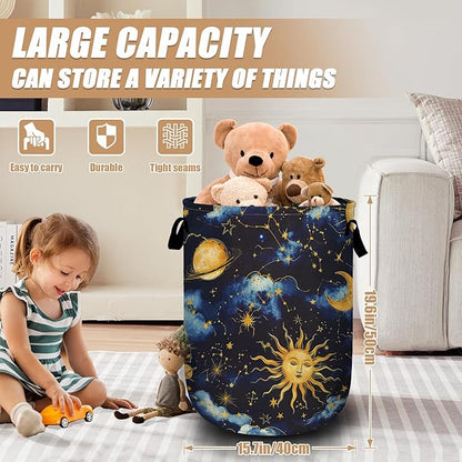 Sun Moon Laundry Basket, Foldable Cloudy Starry Night Laundry Hamper Tote Bag