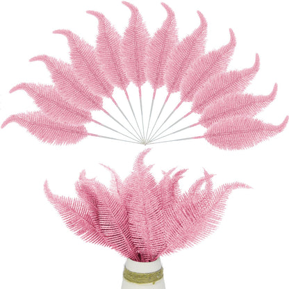 20 Pieces Artificial Christmas Glitter Leaves Branches Sparkly Fake Leaf Sprays for Christmas Tree Picks 10" Ornament Flower Arrangements DIY Crafts Wreaths Holiday Decoration Tree Fillers (Pink)