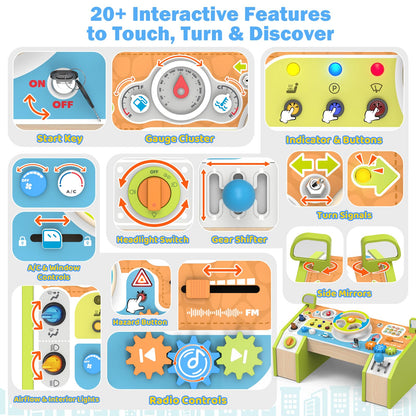 Montessori Wooden Steering Wheel Toy for Toddlers & Kids, Interactive Pretend Driving Dashboard Busy Board with 12 Cars Sounds & Lights, Preschool Learning Sensory Educational Toy, Gift for Boys Girls