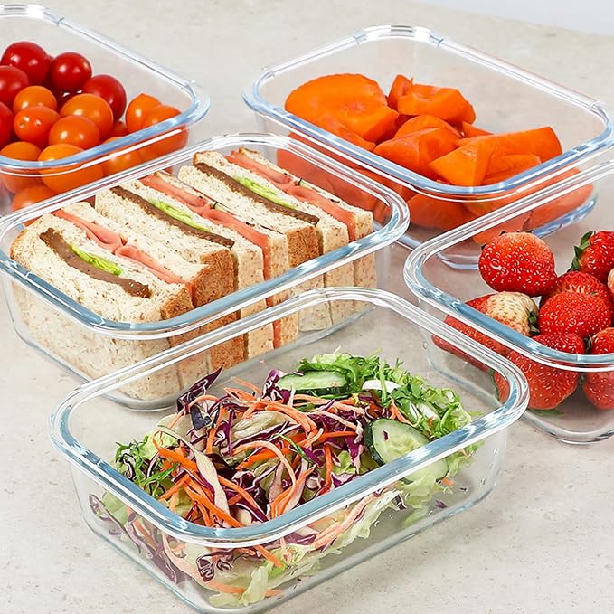 KOMUEE 30 oz 5 Pack Glass Meal Prep Containers, Glass Storage Containers with Lids - Dishwahser, Microwave, Oven and Freezer Safe, White