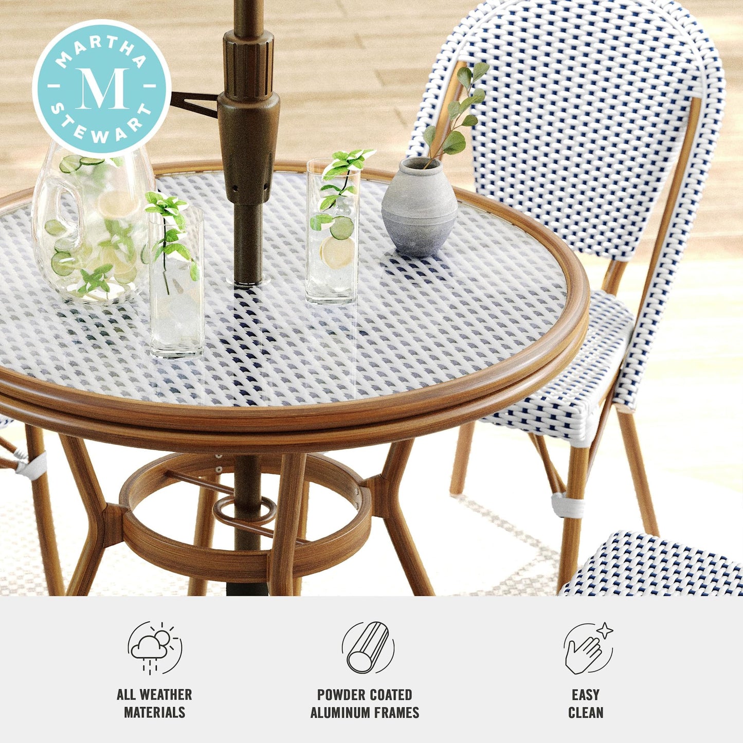 Martha Stewart Lily Pond 31” Round Indoor-Outdoor Bistro Dining Table with Aluminum Frame in Gray Woodgrain and Rattan Top in White/Gray with Tempered Glass Top