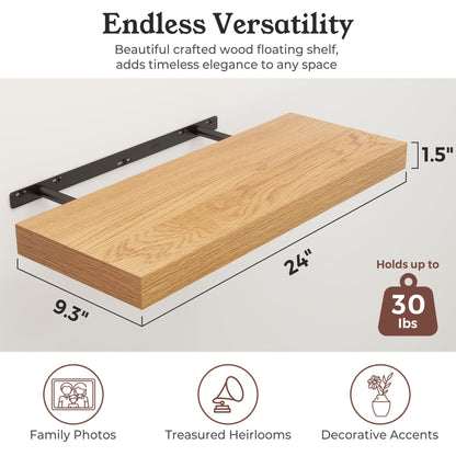 Ornawit Floating Shelves for Wall, 9.3" Deep Wall Mounted Wood Shelves for Bathroom, Bedroom, Living Room, Kitchen, Hanging Shelf for Books/Storage/Room Decor (Oak, 24")