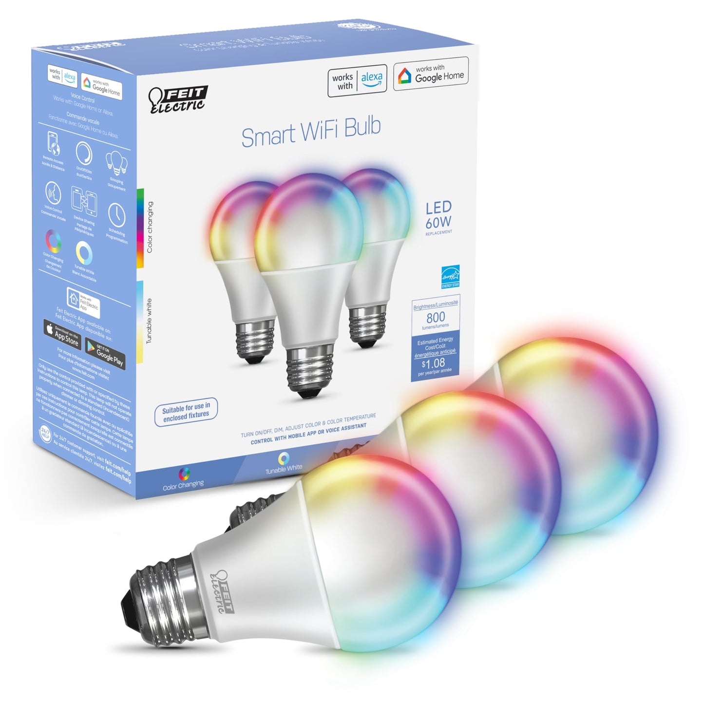 Feit Electric Smart Light Bulbs with RGB Color Changing and Tunable White, 2.4Ghz WiFi Light Bulbs, No Hub Needed, Works with Alexa and Google, Dimmable 60 Watt = LED 9W, OM60/RGBW/CA/AG/3, 3 Pack