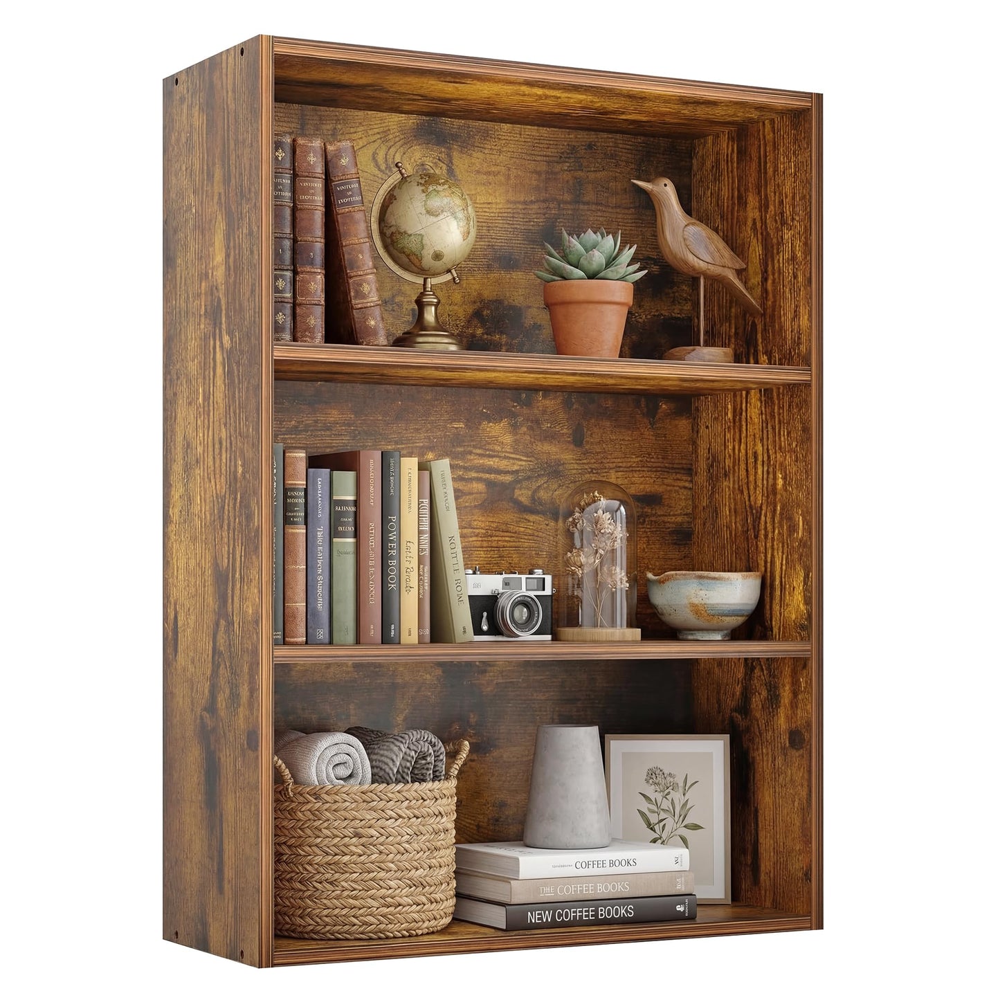 Alpen Bookshelf, 3 Shelf Bookcase Floor Standing Shelves for Bedroom, Short Bookshelf with Storage Adjustable Bookshelf Furniture for Home Office, Living Room, Nursery, Rustic Brown