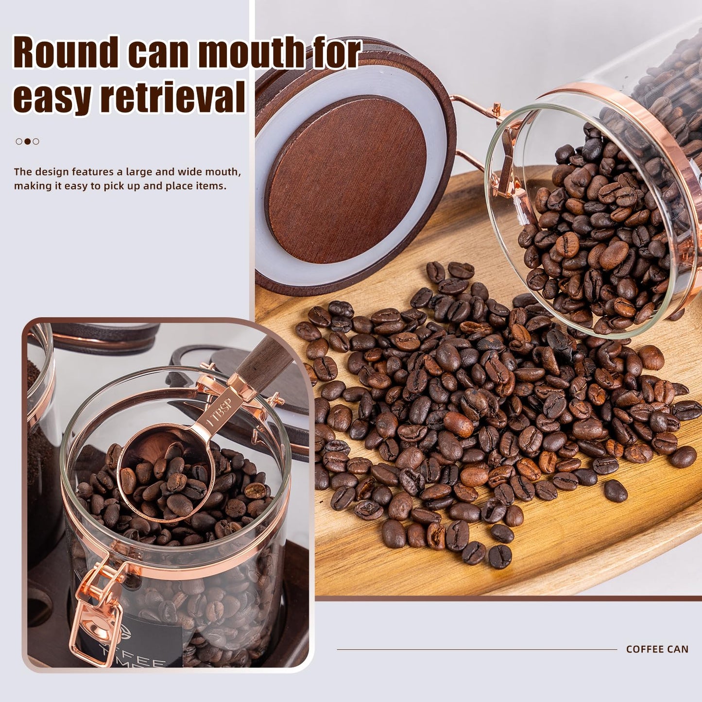 Flmeyaza Glass Coffee & Sugar Canister Set, 2×45OZ Airtight Glass Storage Jars with Wooden Shelf and Scoop, Airtight Food Containers for Coffee Beans, Ground Coffee, Sugar and Tea（Rose Gold）