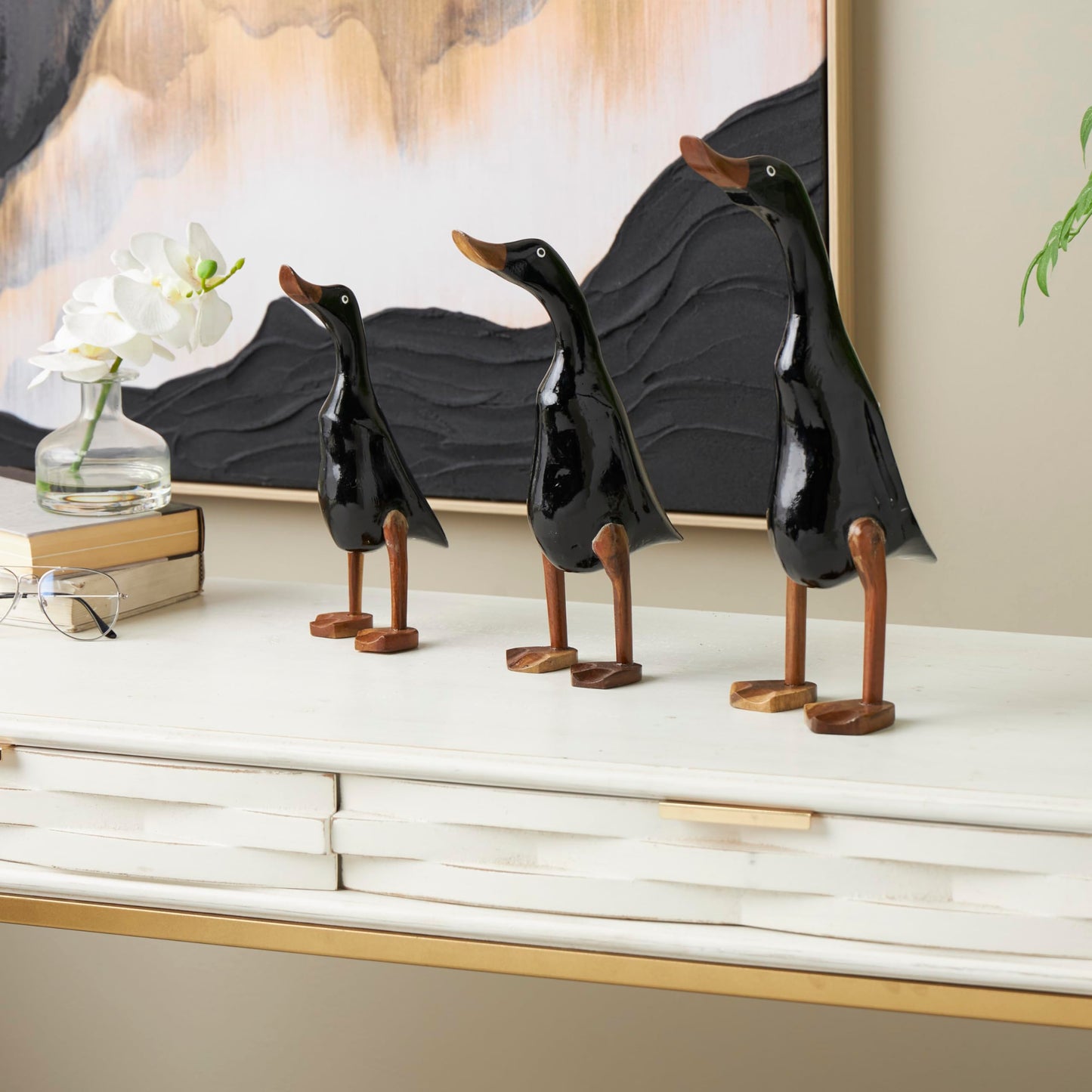 Deco 79 Wood Duck Decorative Sculpture Home Decor Statues with Brown Accents, Set of 3 Accent Figurines 16", 14", 11"H, Black