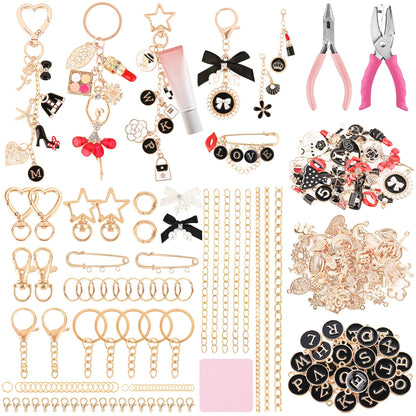 Prdingfy 477Pcs Lip Gloss Keychain Making Kit with Plier & Puncher, DIY Bag Charm & Bracelet Making Supplies, Alphabet Charms & Key Hooks for Personalized Gifts & Small Business