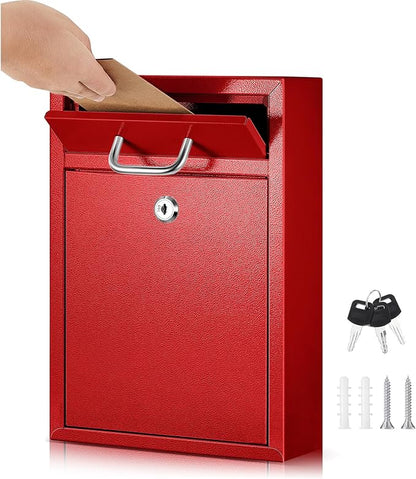Yaocom Locking Mailbox with Key for Outdoor 12.2 x 8.5 x 3 Inches Large Wall Mount Mail Box with Lock Security Mail Drop Metal Collection Boxes Hanging Secure Postbox(Red)