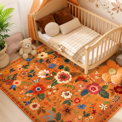 RELEANY Floral 5x7 Area Rugs Washable Print Boho Cute Carpet Non Slip Flower Low Pile for Living Room Bedroom Kitchen Office Farmhouse-Burnt Orange
