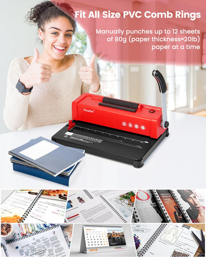 46-Hole Binding Machine Spiral Coil Binder Classic Red,DIY Book Binder Kits with Electric Coil Inserter,100pcs Comb Binding Spines,for Letter Size/A4/A5 School Office Home