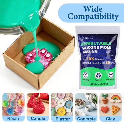 JDiction Remeltable Silicone Mold Making Kit, 35X Reusable Silicone for Mold Making, No Mix, Non-Toxic, Odorless Silicone Rubber for Resin, Epoxy, Picky Pad, Plaster, Soap, Candle, Small Crafts-16oz