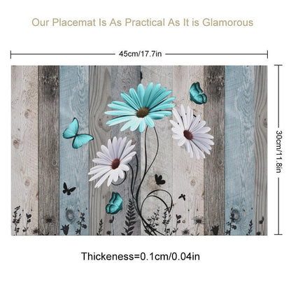 Daisy Floral Placemat Set of 4, 12x18 Inch Rustic Boho Teal Wild Flowers Wooden Butterfly Spring Seasonal Coffee Table Mats for Outdoor Farmhouse Kitchen Dining Table Decoration