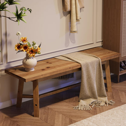 TRIBEWOOD 55" Solid Wood Bench, Farmhouse Long Bench Seat for Entryway, Dining Room, Living Room, Solid Wood, Rustic Brown