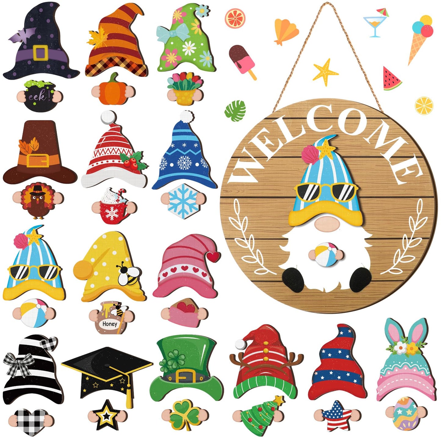 Qunclay Woodland Seasonal Interchangeable Wooden Gnome Decor Summer Christmas in July Gnome Decorations with Magnet Pieces and Detachable Hats Hanging Welcome Sign