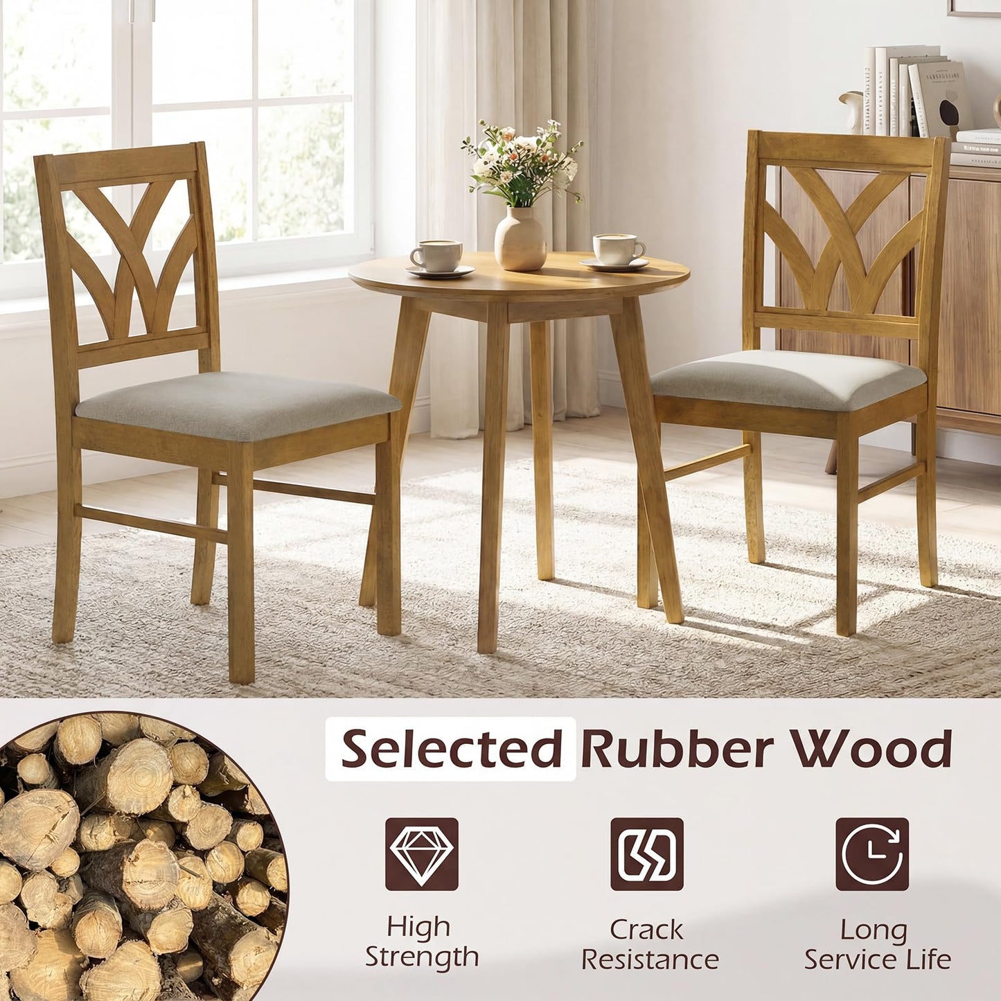Giantex Wooden Dining Chairs Set of 2, Farmhouse Upholstered Kitchen Chairs with Solid Rubber Wood Frame, Hollowed Backrest & Soft Padded Seat, Armless Accent Side Chairs for Dining Room, Oak