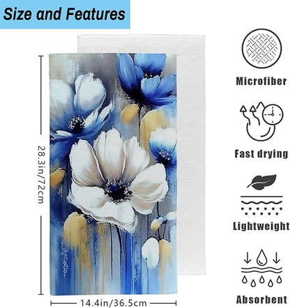 Watercolor White Blue Flowers Hand Towel Set of 2, Abstract Oil Painting Floral
