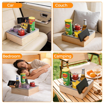 ThinRinRin Wooden Couch Cup Holder Tray with Phone Holder and Couch Caddy