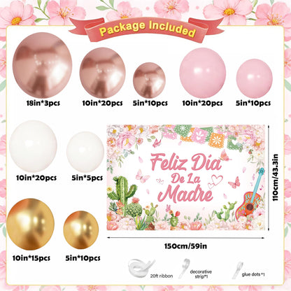 Feliz Da De La Madre Balloon Arch Kit 115 Pcs Mexican Mother's Day Balloon Garland Kit Rose Gold Pink White Balloons with Banner for Best Mom Ever Mothers Day Party Supplies