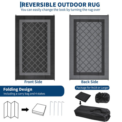 GAOMON Patio Rug 9x18 Waterproof Outdoor Plastic Straw Rug Reversible Camping Mat, Foldable Portable RV Picnic Carpet with Bag & 4 Stakes, UV Resistant Outside Carpet for Deck Balcony, Black&Grey