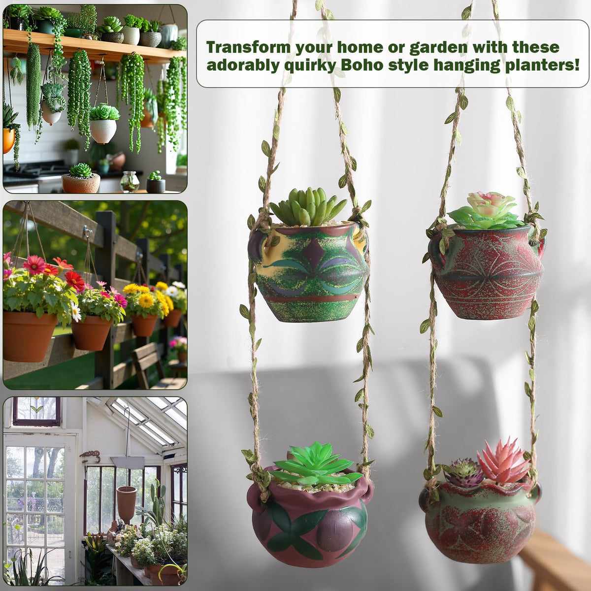 Yuccasly 4 Piece Boho Ceramic Hanging Planters with Drainage Holes – Adorable Indoor Outdoor Succulent Flower Pots, Unique Home Décor, Charming Small Planters for Plants