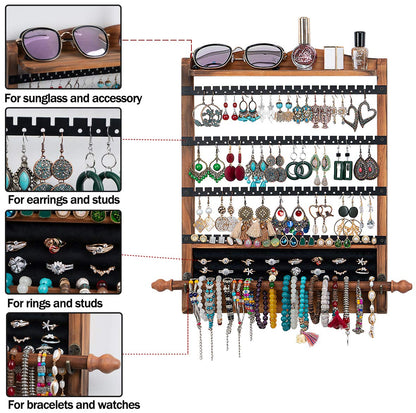 QILICHZ 3Pcs Jewelry Organizers and Storage,Wood Earring Organizer,Hanging Jewelry Organizer,Rustic Wall Jewellery Organizer,Wall Mounted Earring Holder for Storage Display Gift (Brown+Black)