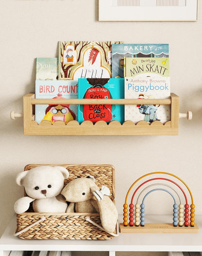 Kids' Wall Bookshelves – Set of 3 Scalloped Floating Shelves, 0.8" Thick Nursery Book Shelves with Wooden Hooks, Perfect for Boys & Girls – Decorative Wall Organizer for Toys, Photos & Decor, Brown