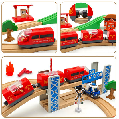 Battery Operated Rescue Fire Fighting Truck for Wooden Train Tracks with Figures Kids Magnetic Wooden Trains Set for Toddlers Boys 3-5 4-8 (Without Battery and Tracks)