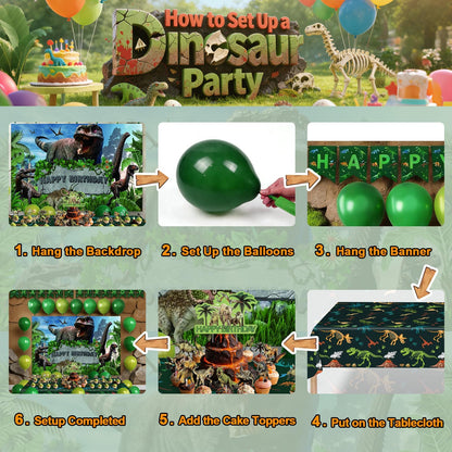 Dinosaur Birthday Party Decorations for Boys - Complete Kids Dino Party Supplies with Backdrop, Tablecloth, Birthday Banner, Cake Toppers, Balloons Kit & Tattoo Stickers