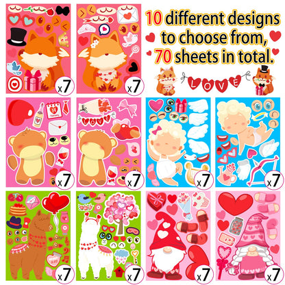 70Sheets Valentines Stickers Crafts for Kids - Make-A-Llama/Bear/Fox/Cupid/Gnome Face Sticker- Valentine's Day Gifts Goodie Bag Stuffer School Classroom Activity Games Party Favors (Small Size)