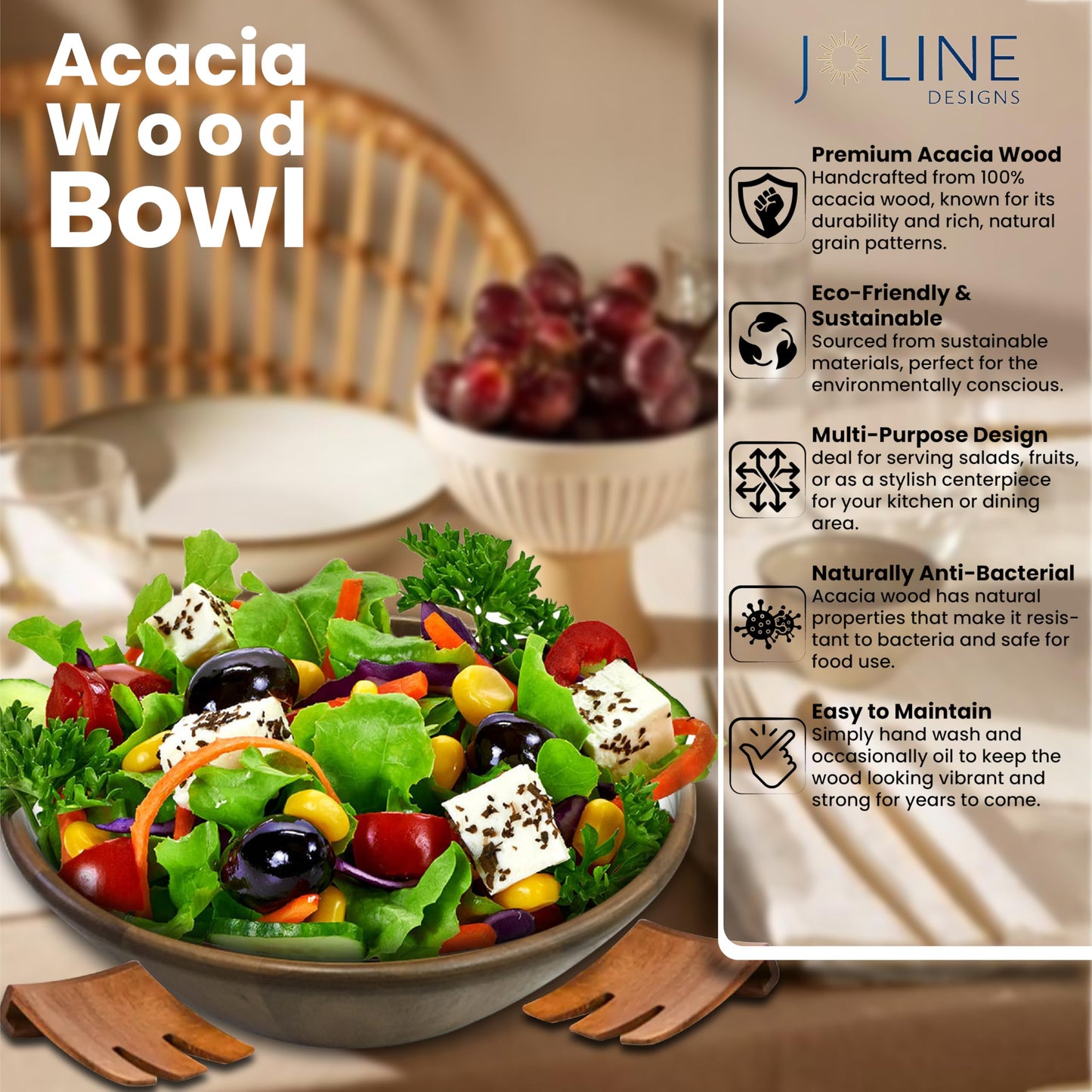 Joline Designs Acacia Wood Salad Serving Bowl Set – Large Wooden Bowl with Forks for Salads, Fruits & Meals – Easy to Clean, Food-Safe, Perfect for Entertaining & Gift Giving