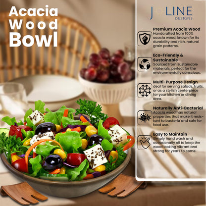 Joline Designs Acacia Wood Salad Serving Bowl Set – Large Wooden Bowl with Forks for Salads, Fruits & Meals – Easy to Clean, Food-Safe, Perfect for Entertaining & Gift Giving