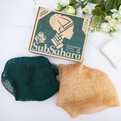 SubSahara Authentic African Net Sponge - 2 Pack Exfoliating Bath & Shower Loofah Sponge for Body & Face, Gentle Scrubber for All Skin Types, Travel, Durable (Golden & Forest Green)