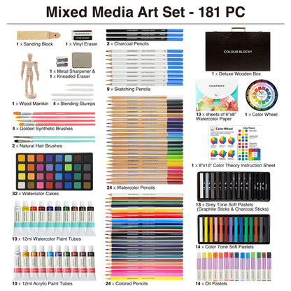 COLOUR BLOCK 181-Piece Mixed Media Art Set in Wooden Case for Drawing Sketching Painting, Soft Oil Pastels, Acrylic Watercolor Paints, Pencils, Art Supplies Kit for Artists, Professional, Adults, Beginner