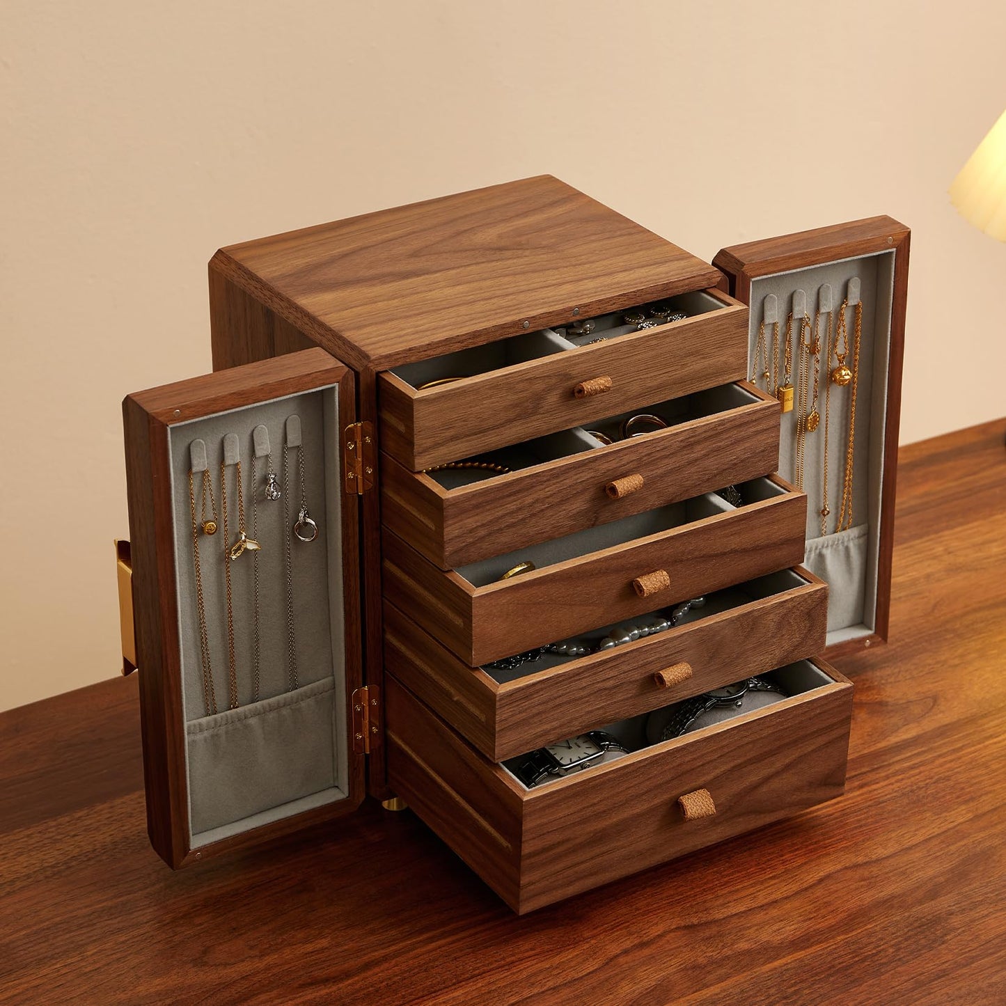 THFLSTR Black Walnut Wood Wooden Jewelry Box for Women, Large Velvet Lined Jewelry Organizer with 5 Drawers & Brass Feet, Earring Jewelry Box Organizer, Traditional Chinese Pattern Handles