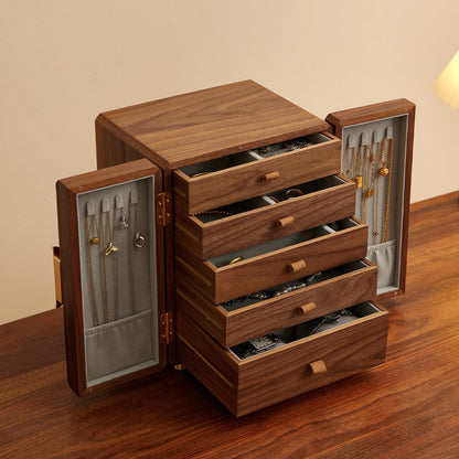 THFLSTR Black Walnut Wood Wooden Jewelry Box for Women, Large Velvet Lined Jewelry Organizer with 5 Drawers & Brass Feet, Earring Jewelry Box Organizer, Traditional Chinese Pattern Handles