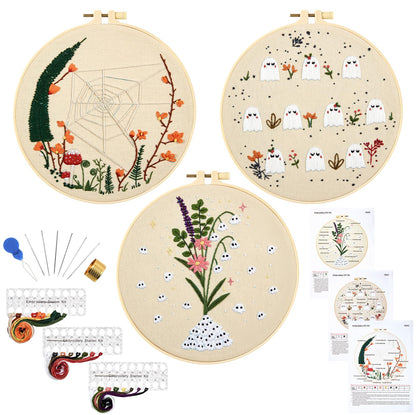 Crafmanoe Cute Ghost Embroidery Kit for Beginners Adults, Halloween Embroidery Starter Kits, Funny Counted Cross Stitch Kits for Beginner Adult Hobbies for Women, 3 Set Embroidery Hoop, Fabric, Thread
