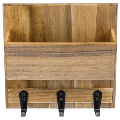 MyGift Rustic Premium Acacia Solid Wood Wall Mounted Mail Holder Rack, Hanging Wooden Home Entryway Organizer with Letter Slot and 3 Black Metal Key Hooks