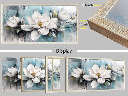 Ardemy Magnolia Wall Art Framed Canvas Wall Decor Living Room, White Floral Picture Wall Decor Teal Painting Flower Textured Extra Large Artwork for Bedroom Dining Room Home Office 58"x29"