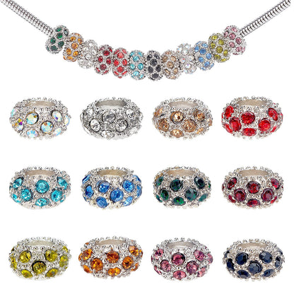 PH PandaHall 100pcs Rhinestone Large Hole European Beads, Platinum Mixed Color Crystal Rondelle Spacer Beads Fit European Snake Chain Charms Bracelet(11x6mm, Hole: 5mm)