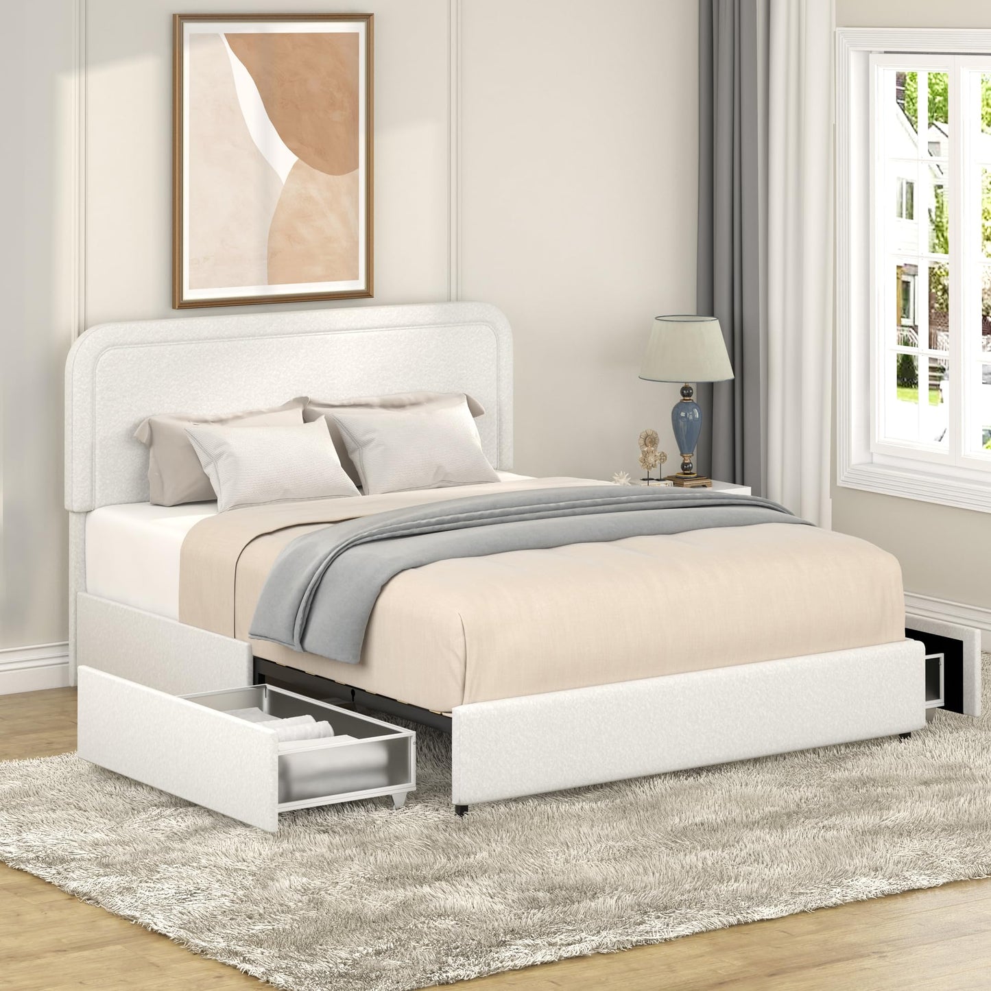 Ball & Cast Queen Size Bed Frame,Boucle Upholstered Platform Bed with Patented 2 Drawers Storage & Curved Stitched Headboard,Wooden Slats Support,No Box Spring Needed,Easy Assembly,Ivory