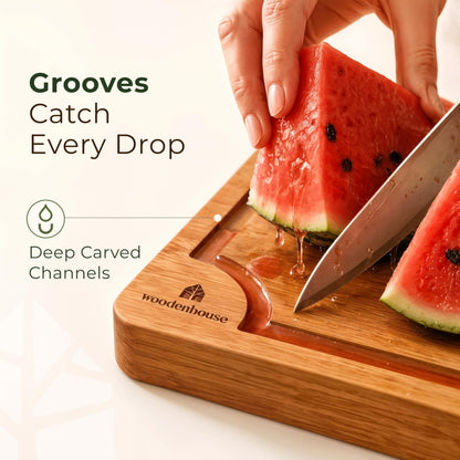 Wooden Cutting Board Set of 3 - Thick & Durable Bamboo Wood Cutting Boards for Kitchen - with Deep Juice Grooves & Built-In Handles - Large Surface, Easy to Clean - for Meat, Vegetables and Fruits