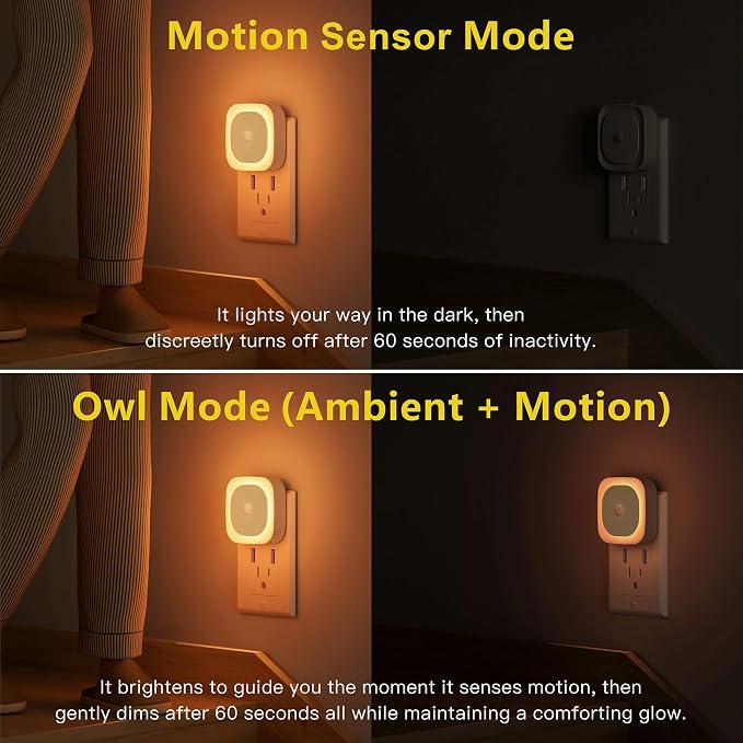 YUNLEX 2 Pack Plug in Amber Night Light with Motion Sensor & Dusk to Dawn Sensor, 3-in-1 Nightlight, Dimmable Night Lights Plug into Wall for Kids, Sleep, Bathroom, Bedroom