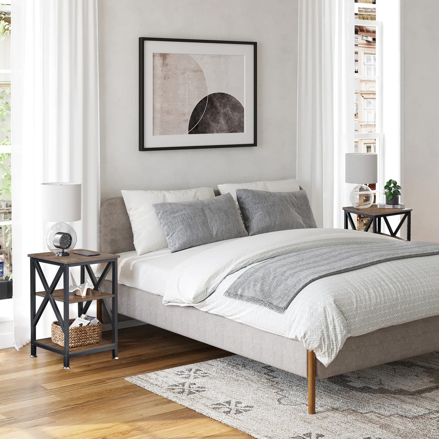 End Tables with Storage Shelf, 12" Deep x 16" Wide x 24" High, Small Side Table 3-Tier, End Tables Living Room Farmhouse, X-Shaped Night Stands for Bedrooms Bedside Tables, End Table Wood and Metal