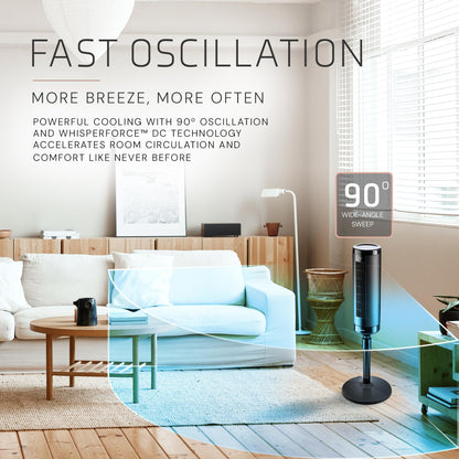 Lasko Elevation Adjustable Tower Fan 42”-54”, Pedestal Fan, 31 ft/s Airflow, Quiet 28 dB, 90° Oscillation, 12h Timer, Remote, Black, EST100