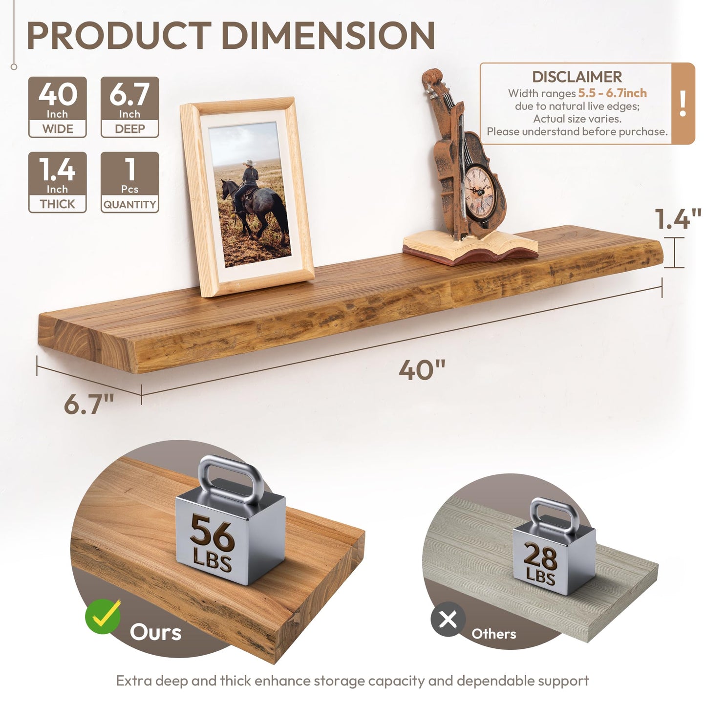 Marsmiles 40 inch Floating Shelves for Wall Elm Wood Live Edge Shelves Wall Mounted|Rustic Long Floating Shelves with Invisible Bracket for Bathroom Living Room Kitchen|Natural, 1 Pack
