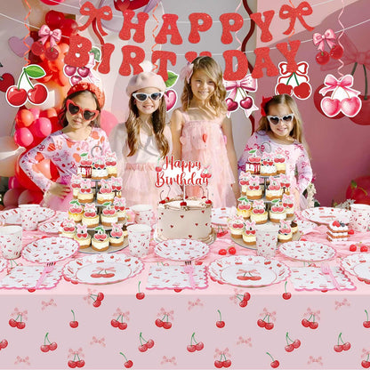 Cherry Birthday Decorations, 182Pcs Cherry Plates Napkins Cups Forks Tablecloth Banner Hanging Swirls Cupcake Toppers and Ballons for Cherries Themed Party Decorations