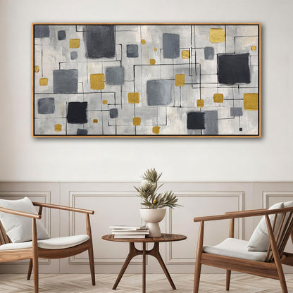 KLAKLA Neutral Decor Modern Abstract Wall Art Poster - Black Gold Gray for Living Room Bedroom Office Framed Minimalist Abstract Design 58x29 Inches