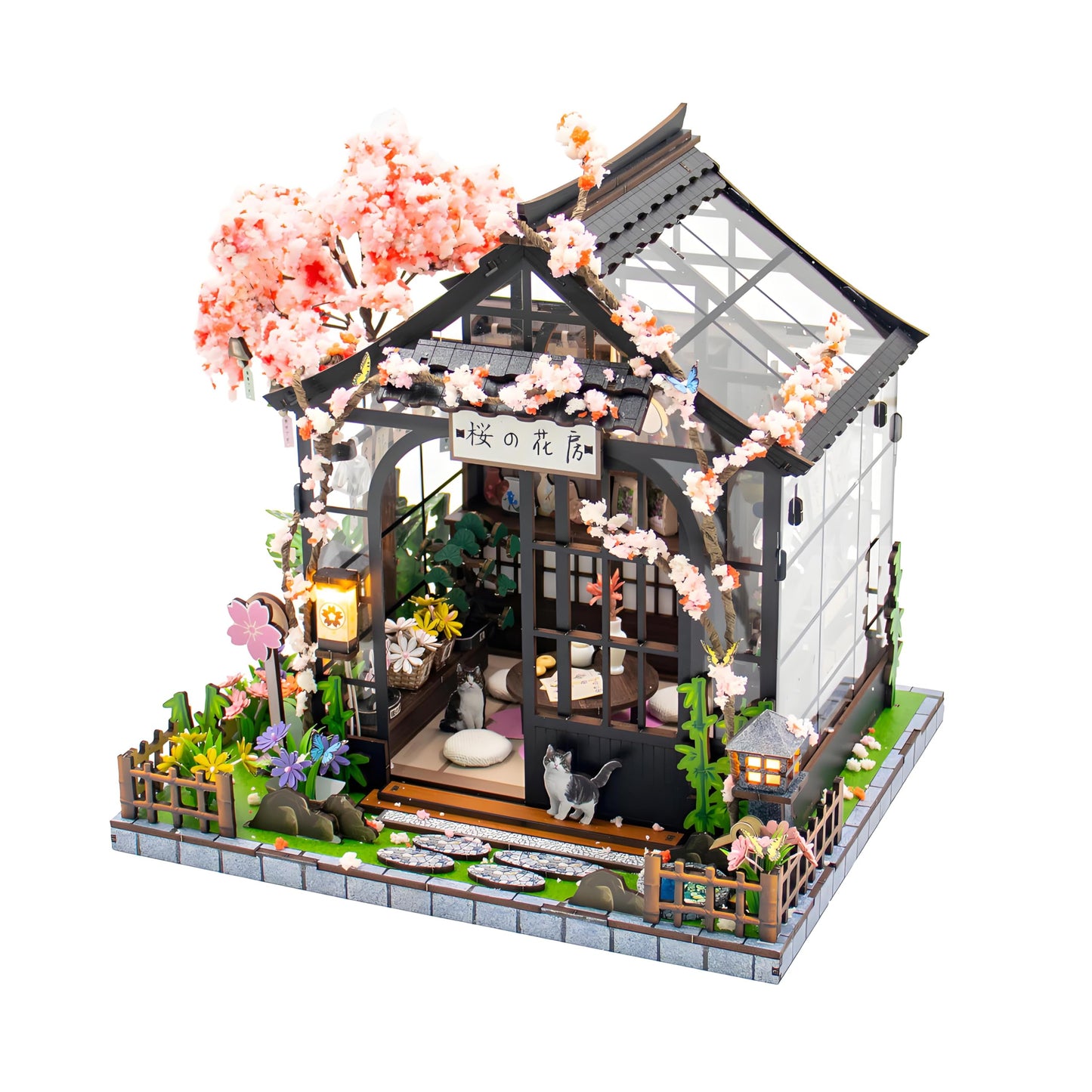 Ahilmrn DIY Miniature Dollhouse Kit Tiny 3D Wooden Puzzle Japanese Sakura Flower House with Furniture LED Light Creative Craft Gift for Adults Home Decor