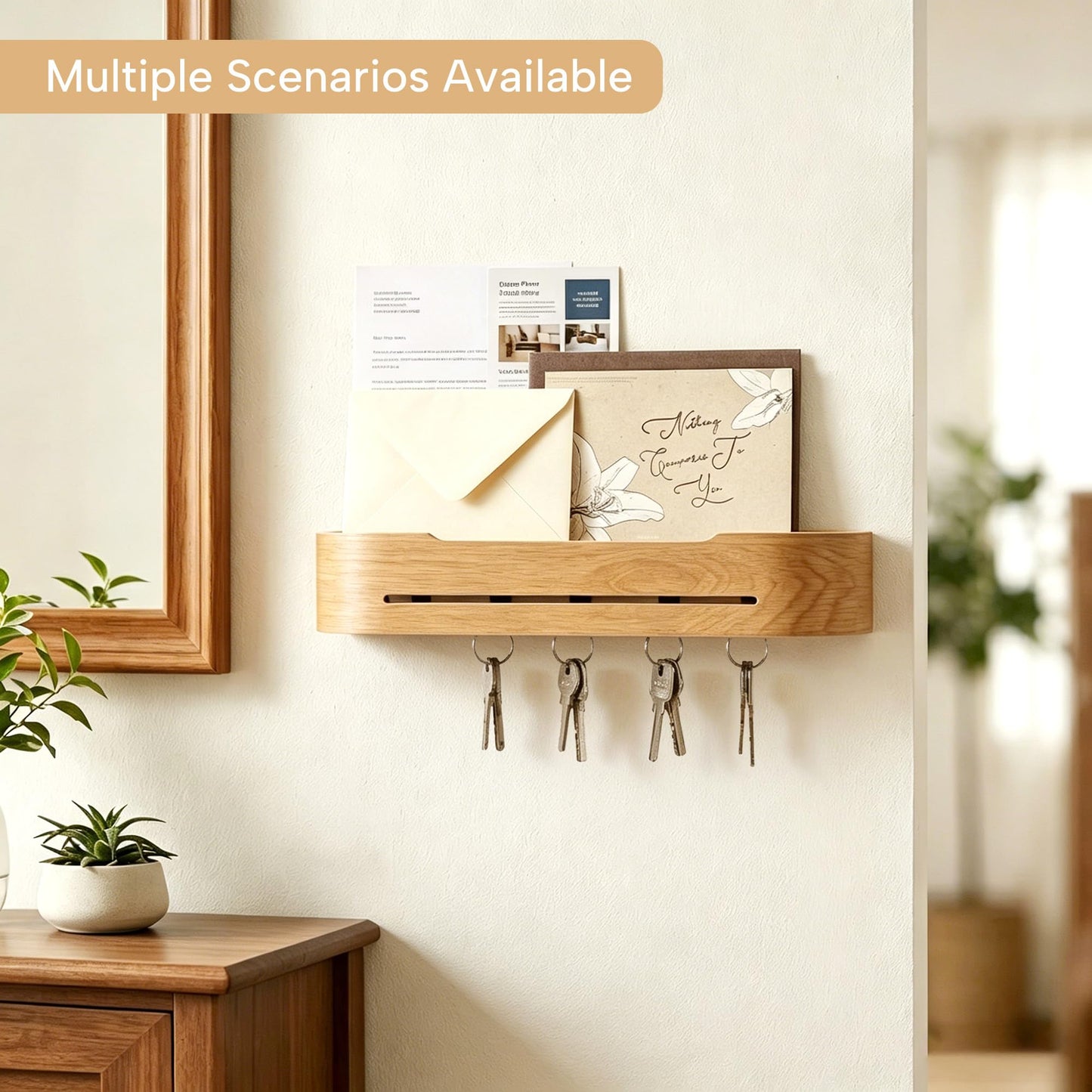 XENARAN Wall Mount Key Holder with 5 Hidden Hooks Modern Key Hanger Rack Wood Hollow Entryway Hook Mail Organizer Tray Shelf Home Decor for Car Key Ring Dog Leash Sunglasses Bags